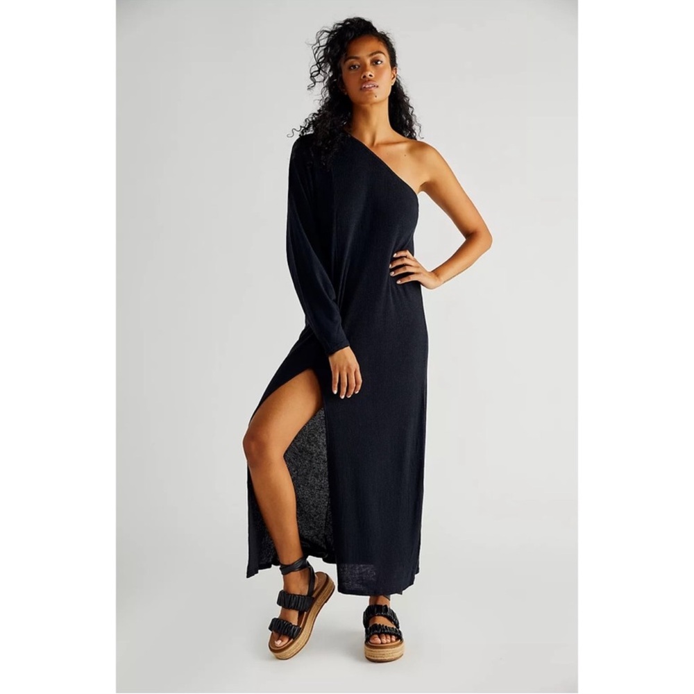 Free People Kara Ribbed Midi One-Shoulder Black Dress
